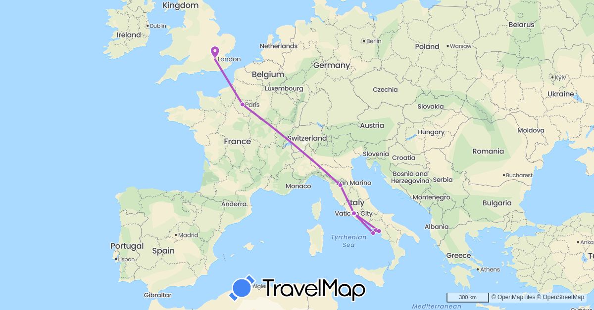 TravelMap itinerary: train in France, United Kingdom, Italy (Europe)